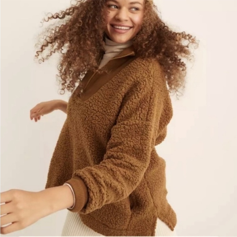 AERIE Dream Sherpa Quarter Zip Up Pullover Green Fleece Sweater